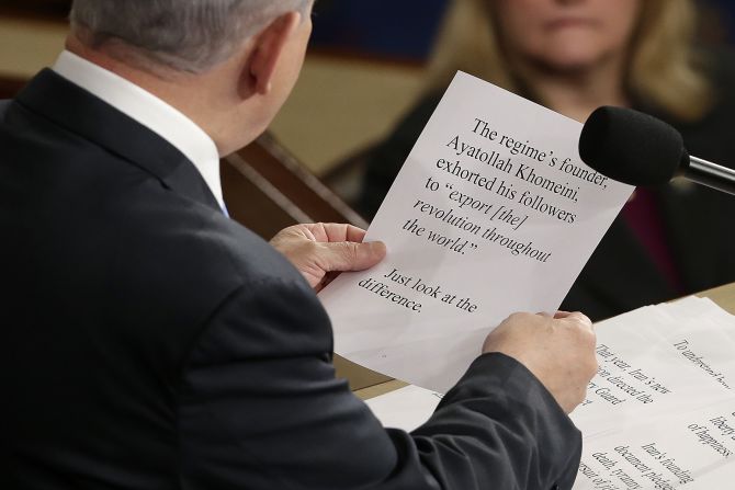 Israeli Prime Minister Benjamin Netanyahu holds his script as he <a href="http://www.cnn.com/2015/03/02/politics/netanyahu-speech-iran-obama-congress/index.html" target="_blank">addresses a joint meeting of the U.S. Congress</a> on Tuesday, March 3. Netanyahu warned that a proposed agreement between world powers and Iran was "a bad deal" that would not stop Iran from getting nuclear weapons.