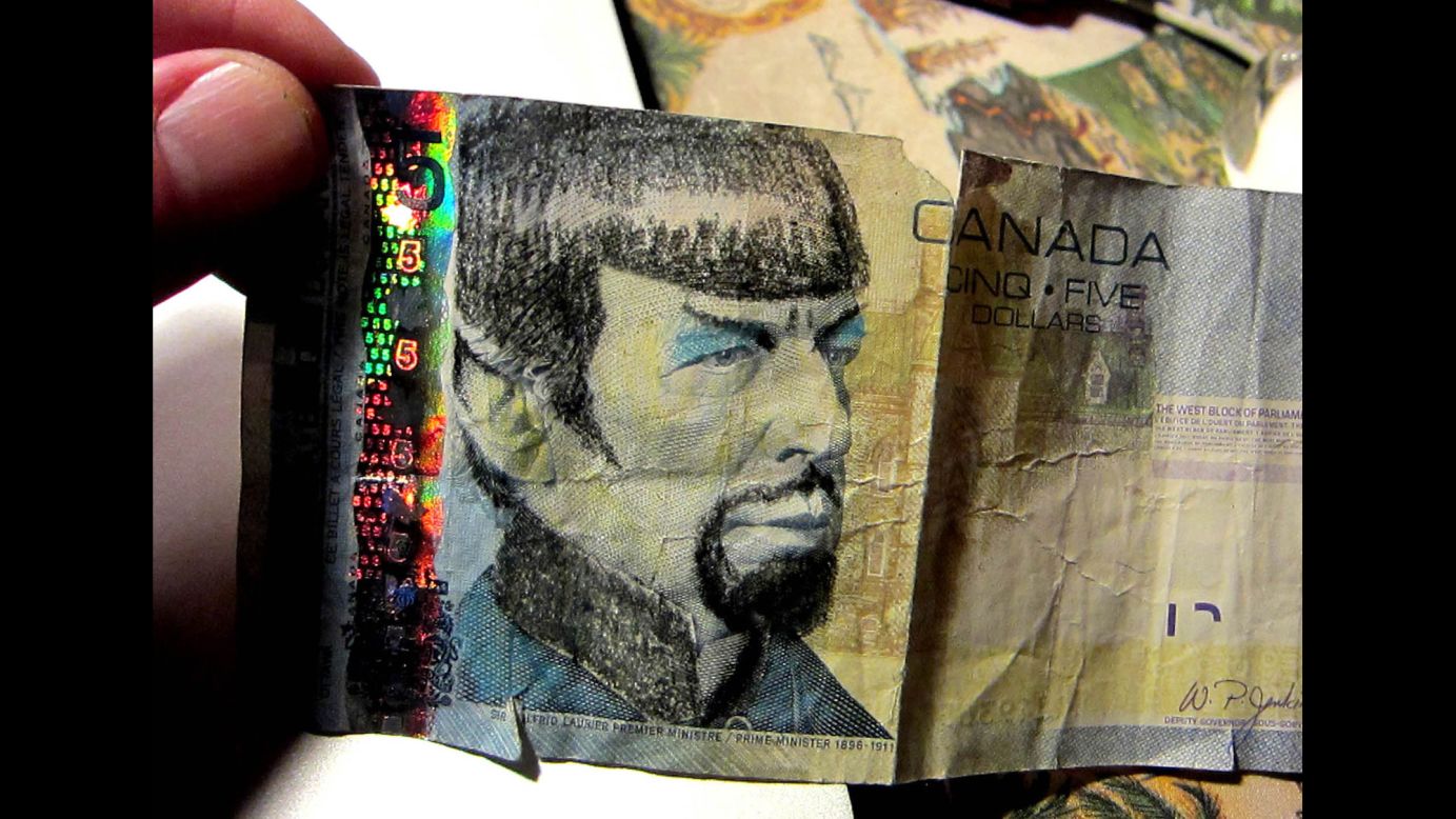 A likeness of Leonard Nimoy's "Star Trek" character Spock is seen on a $5 Canadian bill after the actor's death on Friday, February 27. Canadians <a href="http://money.cnn.com/2015/03/02/news/spock-canada/" target="_blank">have been paying tribute to Nimoy</a> by sketching Spock over Sir Wilfrid Laurier, who was prime minister of Canada from 1896 to 1911.