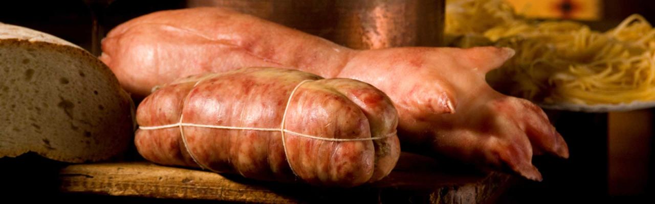 In the Italian dish zampone, a Modena specialty, pig feet are stuffed with ground up pork parts and cotenna -- the rough outer skin.