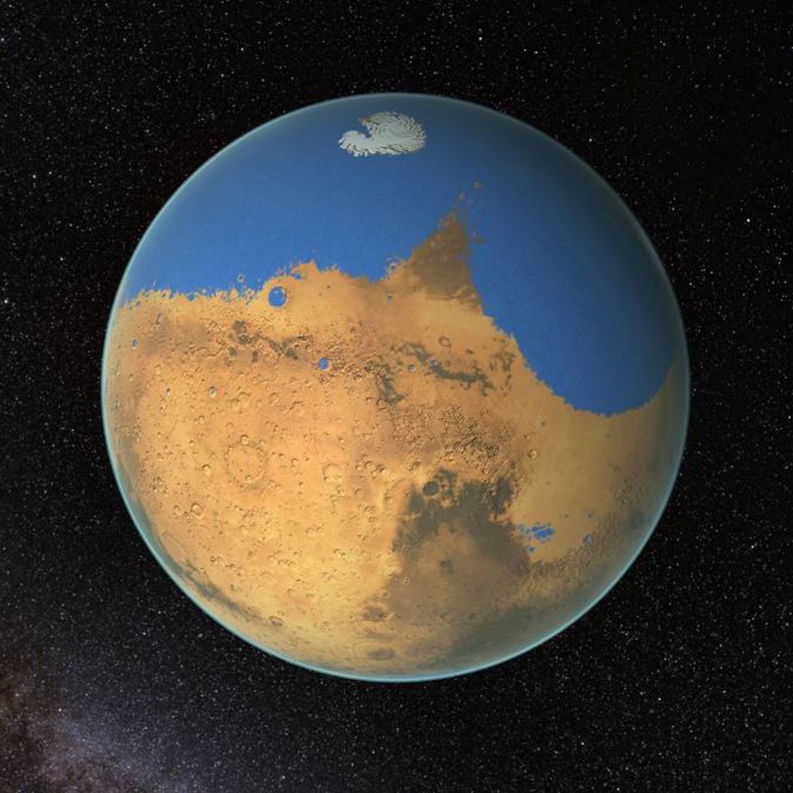 An artist's concept of what an ocean on Mars may have looked like.