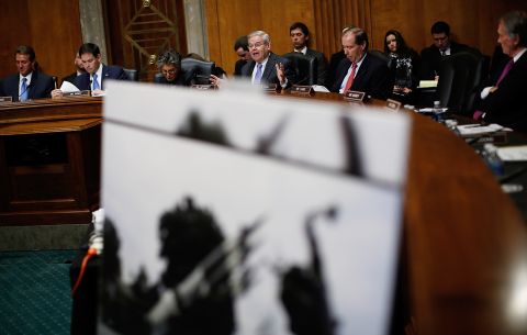 Sen. Robert Menendez (center) speaks during a hearing of the Senate Foreign Relations Western Hemisphere Subcommittee February 3, 2015 in Washington.