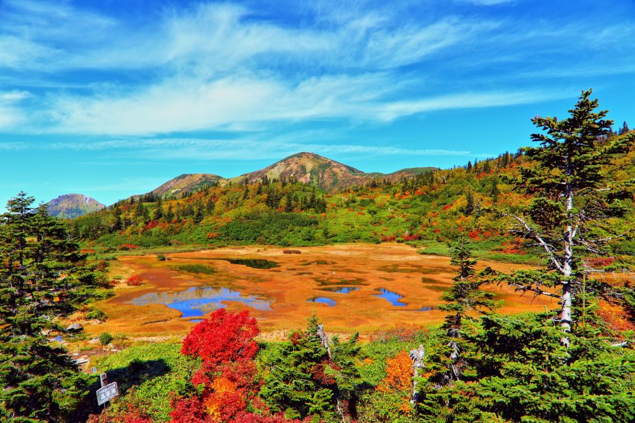 <strong>Koya Pond (Niigata): </strong>Fall at Mount Hiuchi brings out spectacular colors on Koya Pond. The shallow and marshy water covered with vegetation changes colors -- into red, orange, yellow and green -- like the forest around it. On the edge of the pond, Kouyaike Hutte provides beds and kitchen facilities if you need a rest on you hike up the 2,462-meter-tall mountain.
