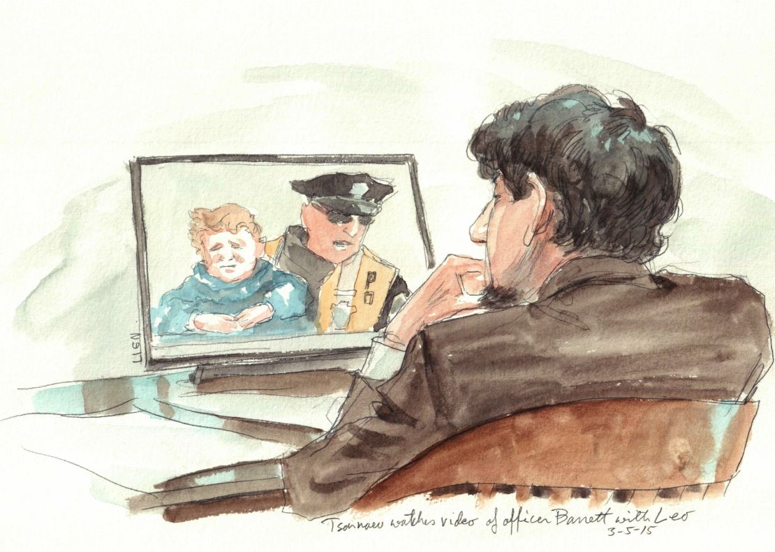  Dzhokhar Tsarnaev during testimony of Officer Thomas Barrett, who picked up Leo, 3, after the bombing.