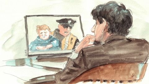  Dzhokhar Tsarnaev during testimony of Officer Thomas Barrett, who picked up Leo, 3, after the bombing.