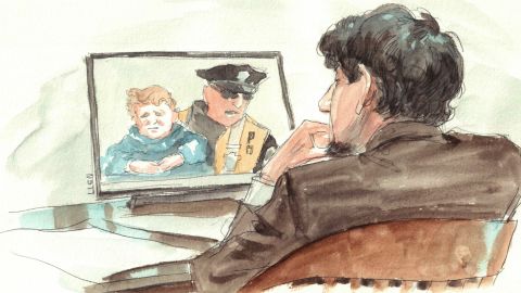 Dzhokhar Tsarnaev during testimony of Officer Thomas Barrett, who picked up Leo, 3, after the bombing.