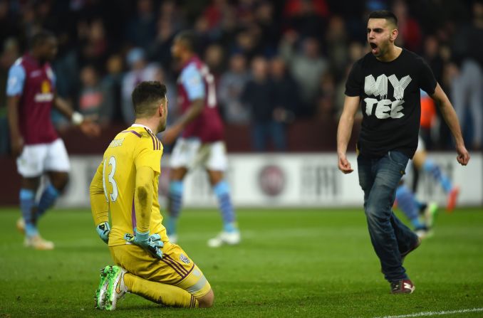 West Brom goalkeeper Boaz Myhill, who started his career at Villa, received an earful from this celebrating home supporter.
