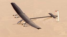 Solar-powered airplane Solar Impulse 2 takes flight as it begins its historic round-the-world journey from Al Bateen Airport, Abu Dhabi in the UAE, on March 09, 2015.