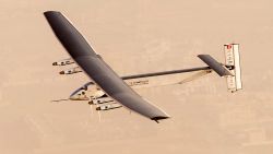 Solar-powered airplane Solar Impulse 2 takes flight as it begins its historic round-the-world journey from Al Bateen Airport, Abu Dhabi in the UAE, on March 09, 2015.
