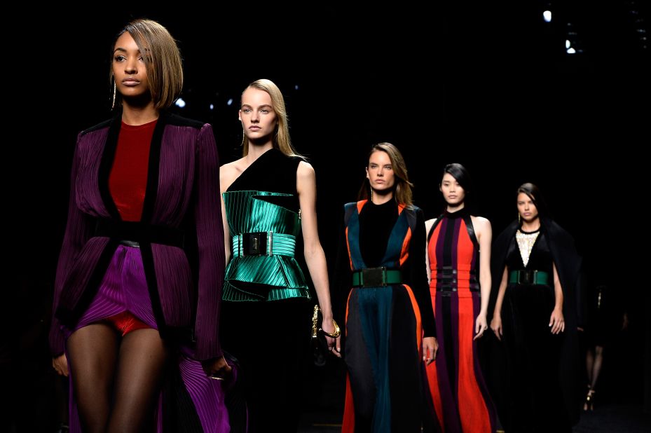 Olivier Rousteing took his cues from the glamorous Parisians of the 1970's. The all-star model lineup included Jourdan Dunn, Karlie Kloss, Joan Smalls and Kendall Jenner. 