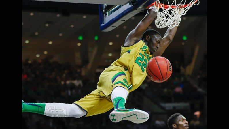 Notre Dame guard Jerian Grant dunks the ball during the Fighting Irish's 81-67 home win over Clemson on Saturday, March 7.