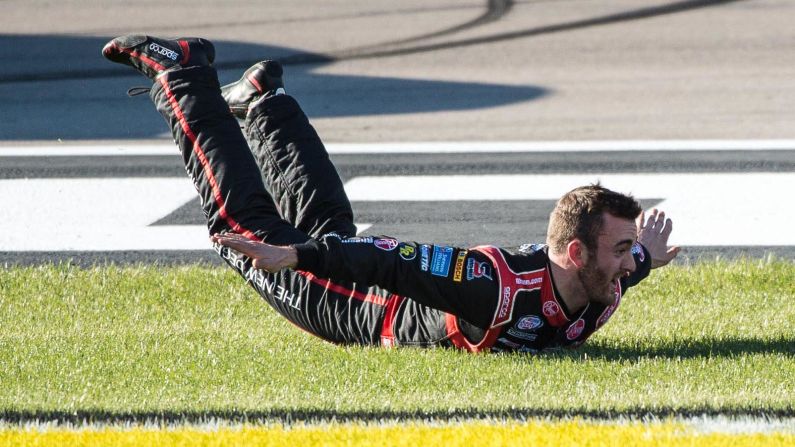 NASCAR driver Austin Dillon celebrates after winning the Xfinity Series race at Las Vegas Motor Speedway on Saturday, March 7.