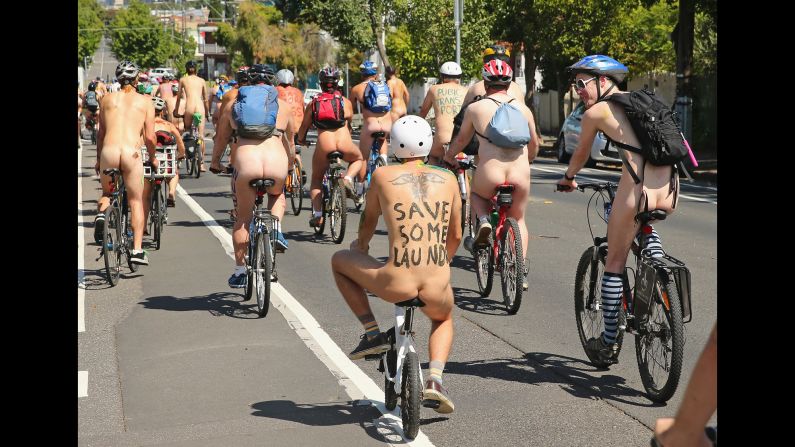 Cyclists in Melbourne take part in the World Naked Bike Ride on Sunday, March 8. The mission of the clothing-optional event, <a href="index.php?page=&url=http%3A%2F%2Fwww.asbareasyoudare.com%2F%3Fpage_id%3D2" target="_blank" target="_blank">according to its website,</a> is to "peacefully expose the vulnerability of cyclists, humanity and nature in the face of cars, aggression, consumerism and non-renewable energy."