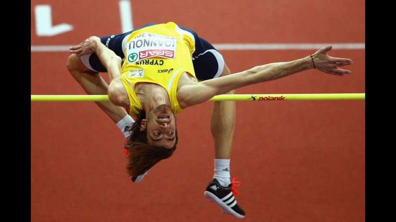 Kyriakos Ioannou of Cyprus competes in the high jump Saturday, March 7, during the European Indoor Championships.