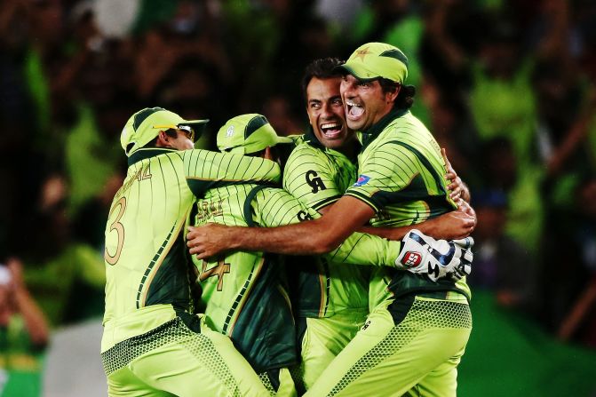 Members of Pakistan's cricket team celebrate Saturday, March 7, after defeating South Africa in a Cricket World Cup match in Auckland, New Zealand. Pakistan won by 29 runs.