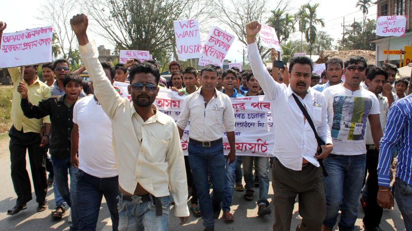 Protesters in Tinsukia demonstrate on March 8, 2015 against the mob killing of a man accused of rape in neighbouring Nagaland state. Police in India charged 18 people on March 8 after a frenzied mob stormed a prison and lynched a man accused of rape in the country's northeast, as tensions remained high, a senior officer said. AFP PHOTO / Manash Pratim GogoiManash Pratim Gogoi/AFP/Getty Images