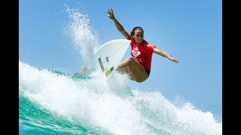 Johanna Defay competes in the Roxy Pro Gold Coast, the opening event of the women's World Surfing Tour, on Tuesday, March 3. The event is taking place in Coolangatta, Australia. 