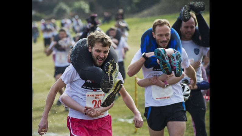 Competitors take part in the annual Wife Carrying Race in Dorking, England, on Sunday, March 8. 