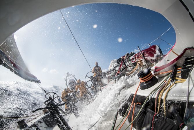Waves traveling at 20 knots crash into the cockpit during Leg 4 between Sanya, China, and Auckland, New Zealand.