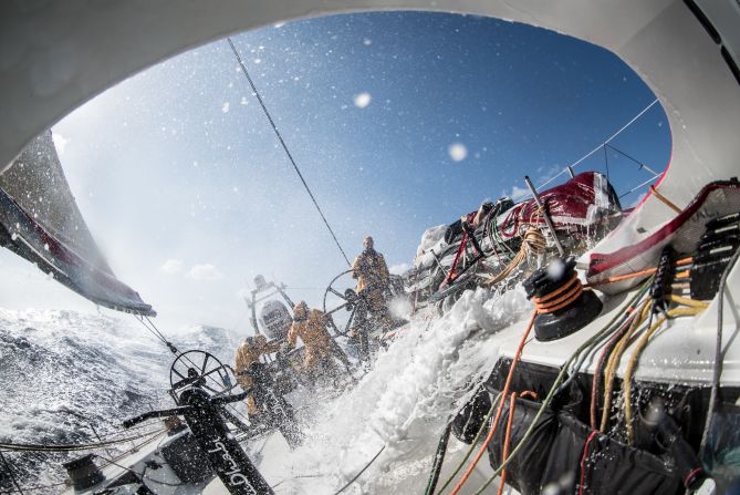 Waves traveling at  20 knots crash into the cockpit during Leg 4 between Sanya, China, and Auckland, New Zealand. 