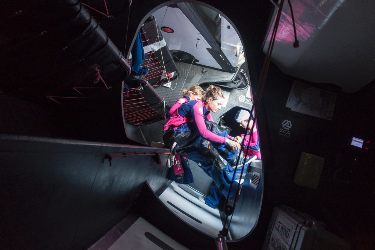 Peering inside the lower deck of Team SCA's boat, is a bit like gazing upon a space shuttle -- objects need to be secured at all times.