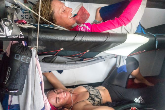 The competition includes one all-female team -- SCA -- who have 11 sailors on board. All other teams have eight sailors. Here, members of the women's crew strap themselves into bunks during a sleeping shift.