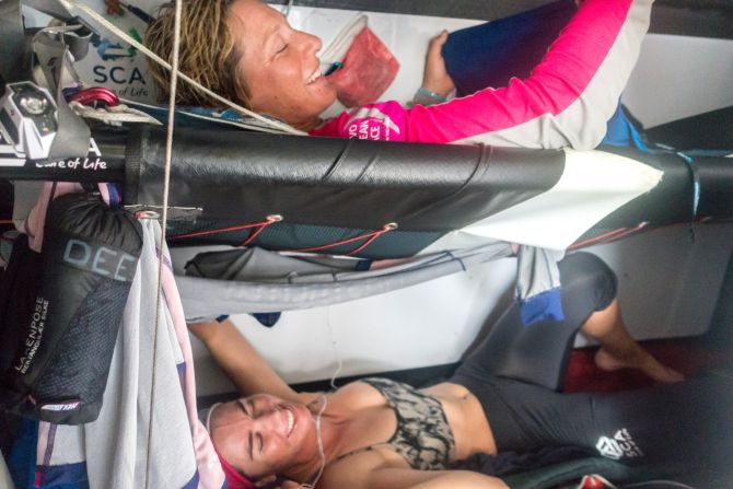 The competition includes one all-female team -- SCA -- who have 11 sailors on board. All other teams have eight sailors. Here, members of the women's crew strap themselves into bunks during a sleeping shift. 