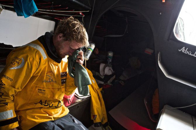 Seven teams go head-to-head in the epic race which stops at 11 ports and covers 45,000 miles. Here, Luke "Parko" Parkinson wipes the salt out of his eyes during a stint along the Vietnamese coast.