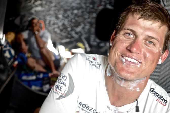 Sailor Rokas Milevicius takes a moment to shave during Leg 3 between Abu Dhabi, United Arab Emirates, and Sanya, China.