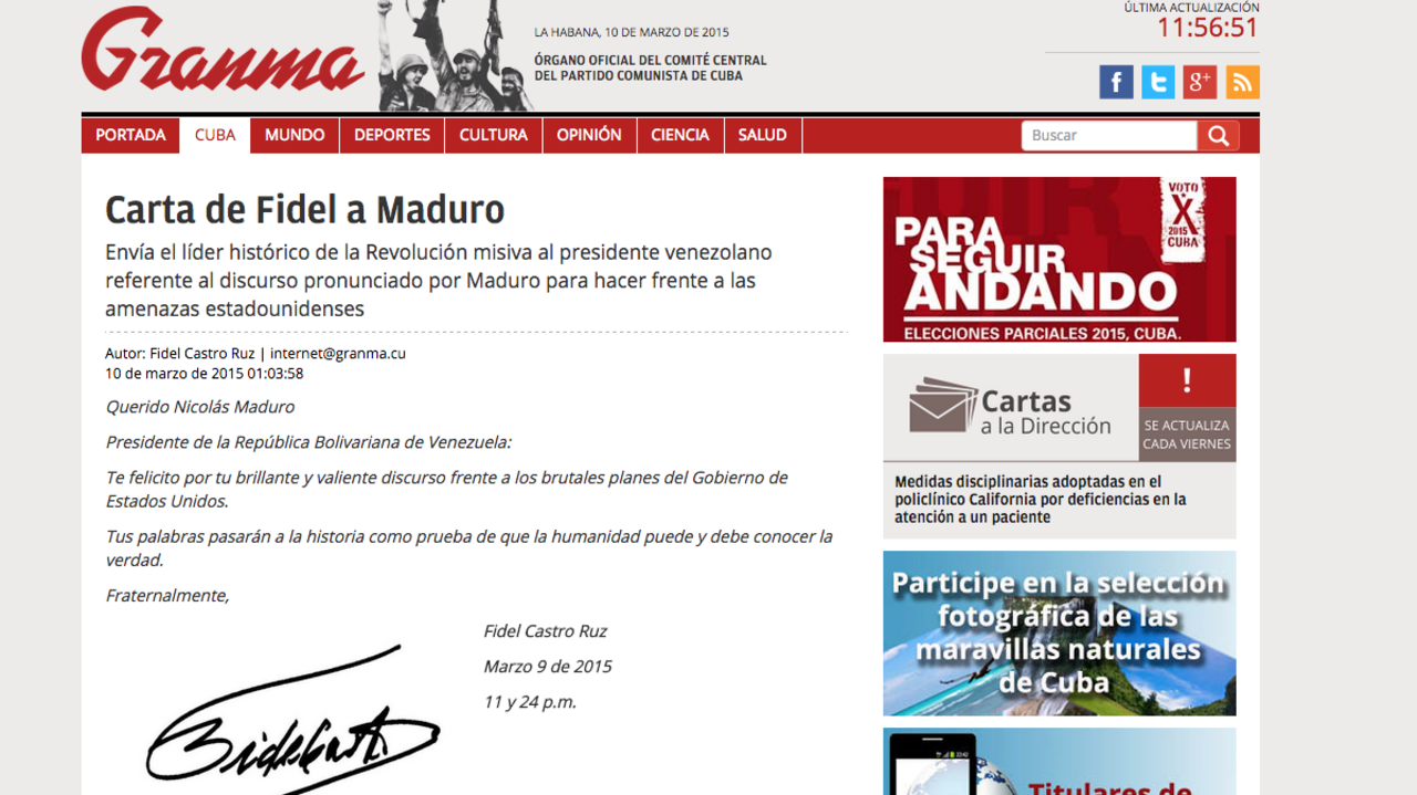 CNNE granma fidels letter to maduro screen grab