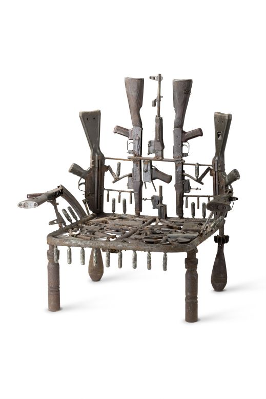 In this throne sculpture, Goncalo Mabunda uses AK47s, rocket launchers and other objects of destruction. The weapons carry strong political connotations, yet the beautiful objects he creates are also a reflection on the resilience of African societies. According to the artist, the thrones function as attributes of power, tribal symbols and traditional pieces of ethnic African art. They are an ironic way of commenting on his experience of violence during Mozambique's 1977-1992 civil war, which left at least one million dead.