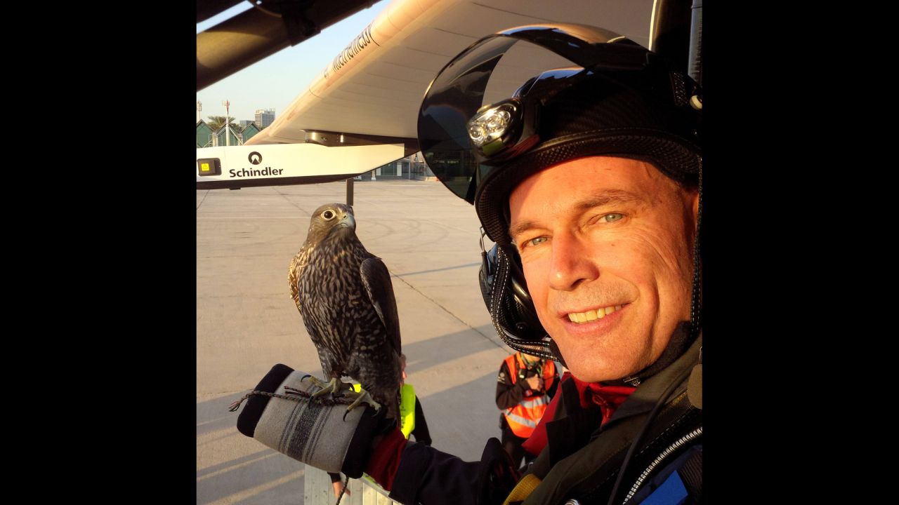 Pilot Bertrand Piccard takes a selfie with a falcon Thursday, March 5, in Abu Dhabi, United Arab Emirates. Piccard and Andre Borschberg are attempting to become the first people <a href="http://www.cnn.com/2015/03/08/middleeast/solar-impulse-flight/" target="_blank">to fly around the world on a solar-powered plane.</a>