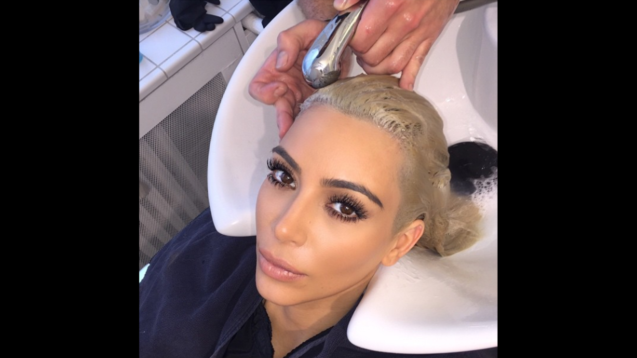 "It's hard out here for a platinum pimp," television personality Kim Kardashian <a href="https://instagram.com/p/0AbNMvOS3m/?modal=true" target="_blank" target="_blank">said on Instagram</a> on Monday, March 9. "Thank you @FredericMennetrier for touching up my blonde!"