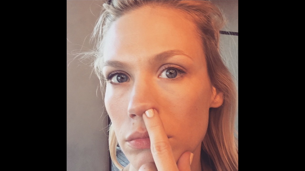 "Nothing good bout the accidental selfie," joked actress January Jones in this photo <a href="https://instagram.com/p/z2vsJ6itEL/?modal=true" target="_blank" target="_blank">she posted to Instagram</a> on Thursday, March 5.