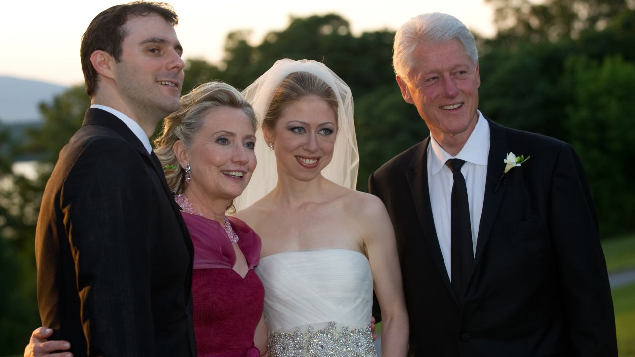 Marc Mezvinsky, Hillary Clinton, Chelsea Clinton and former U.S. President Bill Clinton pose during the wedding of Chelsea Clinton and Mezvinsky at the Astor Courts Estate in July 2010.