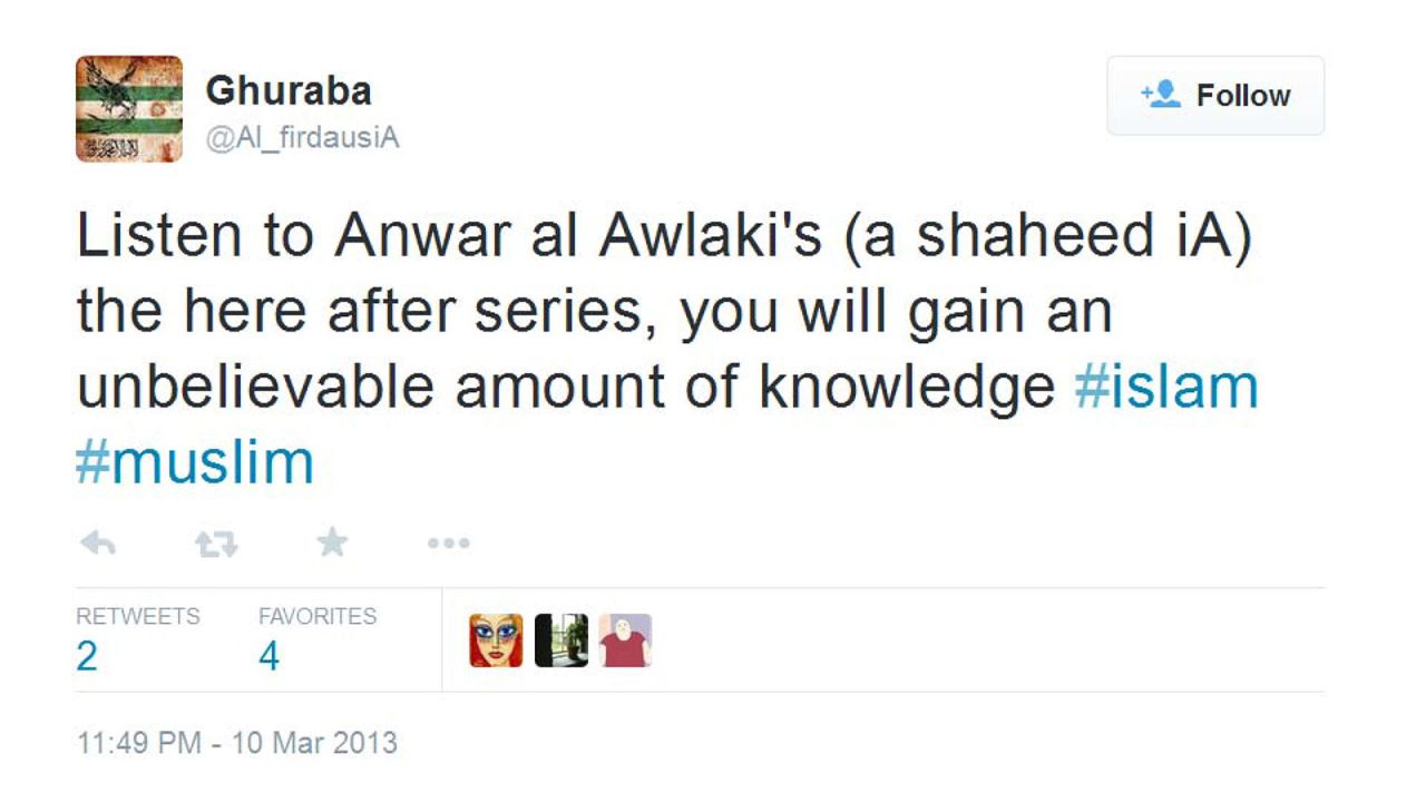 Prosecutors said the second Twitter account is evidence that Tsarnaev led a double life. By day, he was a slacker college sophomore. By night, he was a wannabe jihadist, posting on the account @Al_firdausiA. In one tweet, he urged people to listen to radical cleric Anwar al-Awlaki's lectures. "You will gain an unbelievable amount of knowledge," he said in March 2013, just weeks before the bombings. Prosecutors also allege in an indictment that Tsarnaev downloaded al-Awlaki's writings, calling him a "well-known al Qaeda propagandist." Al-Awlaki had been killed in a U.S. drone strike in 2011.