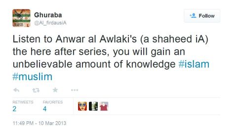 Prosecutors said the second Twitter account is evidence that Tsarnaev led a double life. By day, he was a slacker college sophomore. By night, he was a wannabe jihadist, posting on the account @Al_firdausiA. In one tweet, he urged people to listen to radical cleric Anwar al-Awlaki's lectures. "You will gain an unbelievable amount of knowledge," he said in March 2013, just weeks before the bombings. Prosecutors also allege in an indictment that Tsarnaev downloaded al-Awlaki's writings, calling him a "well-known al Qaeda propagandist." Al-Awlaki had been killed in a U.S. drone strike in 2011.