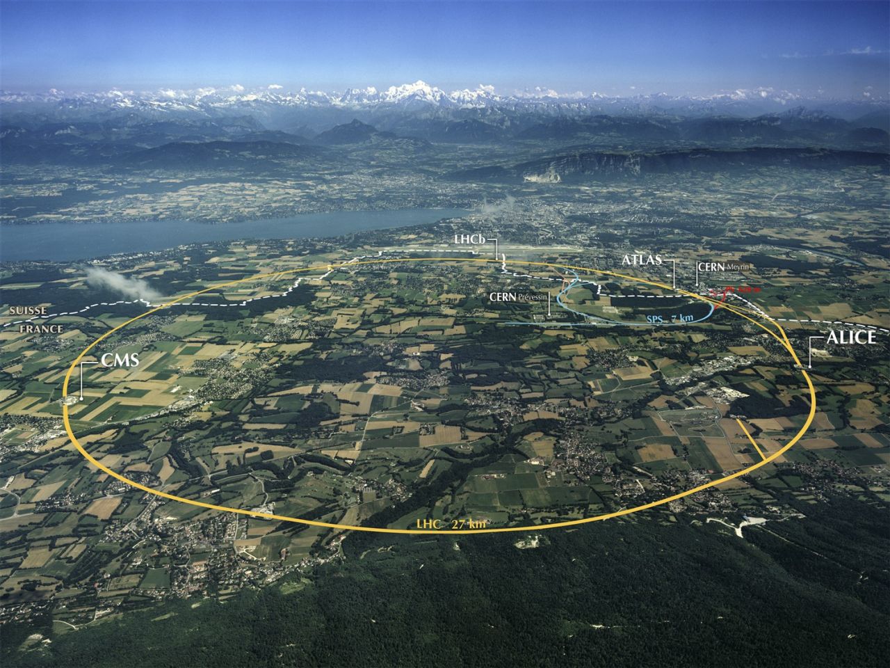An aerial view of the area surrounding CERN with the outline of the 27km underground tunnel that houses the particle accelerator.