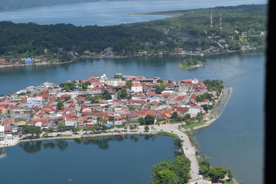 An aerial view of Isla de Flores, a tourist island in Guatemala's Petén province.