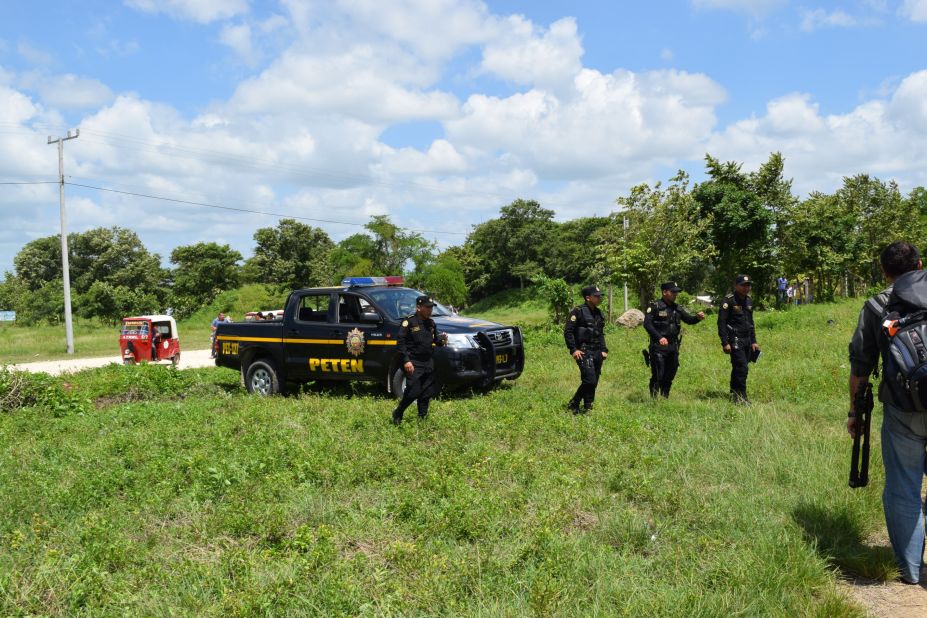 Guatemalan national police forces do surveillance work in Las Brisas, a village in the municipality of Malacatán in the San Marcos province.