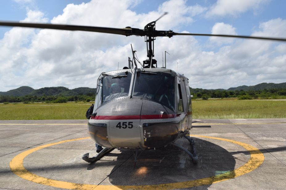 A Guatemalan National Civil Police helicopter at the Air Force Base in Santa Elena.