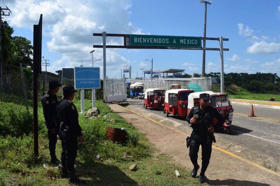 Police patrol the Mexico-Guatemala border in the Guatemalan town of El Ceibo.