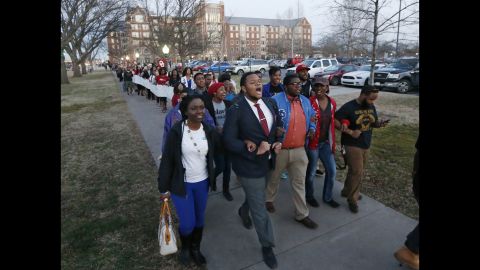 University of Oklahoma students march to the now-closed fraternity house of Sigma Alpha Epsilon during a rally in Norman, Oklahoma, on Tuesday, March 10. The university's president <a href="http://www.cnn.com/2015/03/11/us/oklahoma-racist-chant/index.html" target="_blank">expelled two students Tuesday</a> after he said they were identified as leaders of a racist chant that was captured on video.