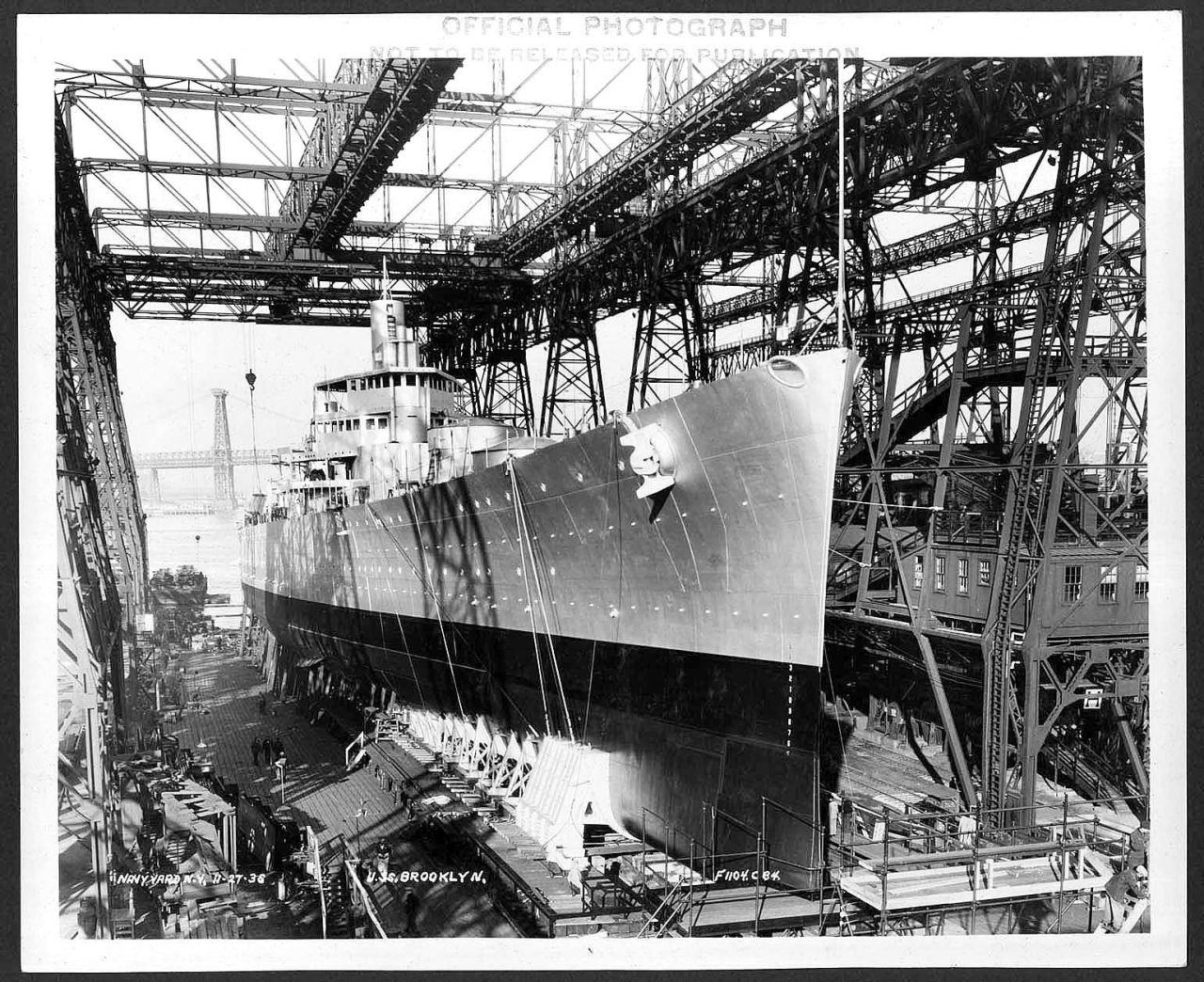 The famous New York shipyard built and repaired some of the world's most renowned military vessels. Here, the USS Brooklyn is constructed the yard in 1936.