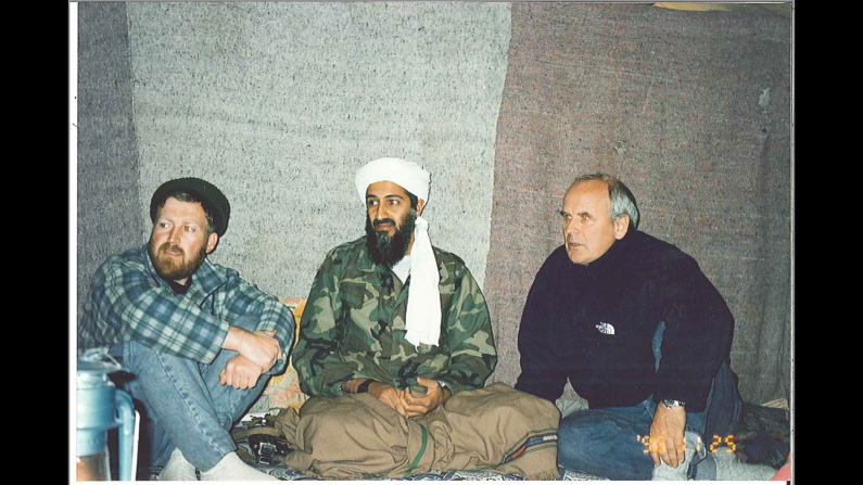 From left, inside bin Laden's cave, are al-Suri, bin Laden and British documentary maker Gwynne Roberts.