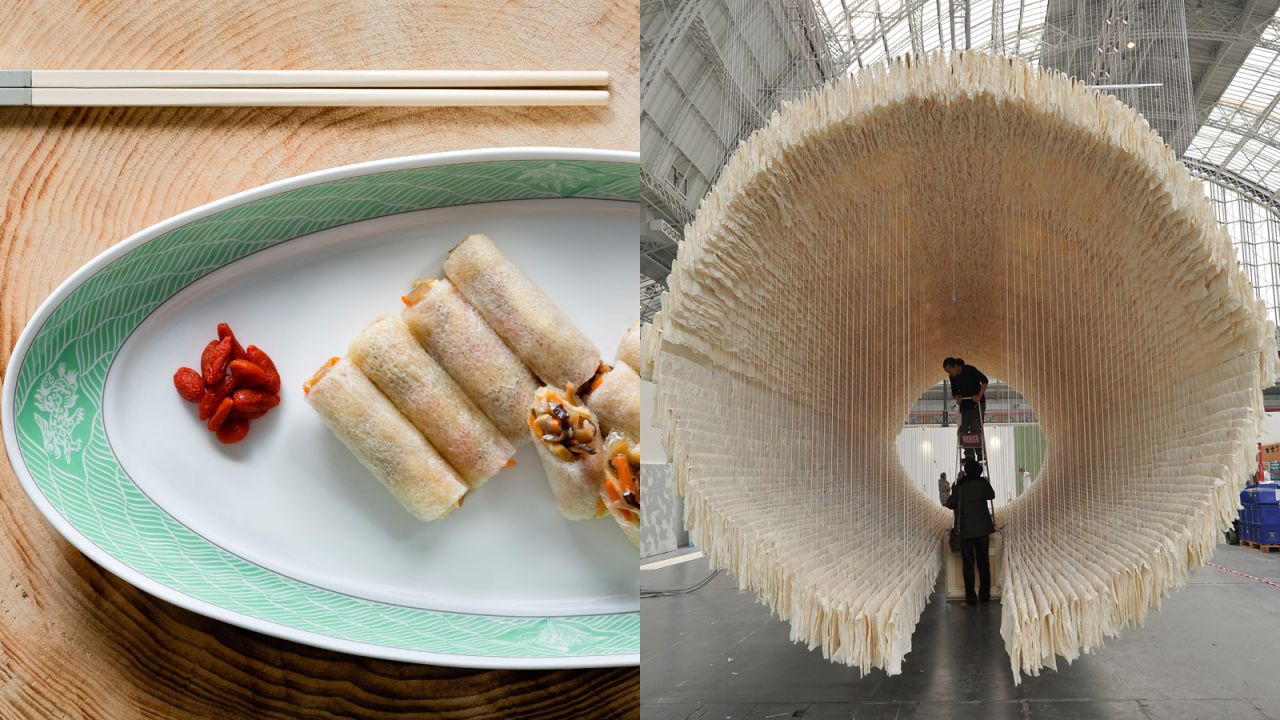 Artist Zhu Jinshi's 2012 artwork "Boat" is an 18-meter long walk-in installation made of bamboo, cotton and xuan (rice) paper. <br />Through the eyes of Kelvin Wong, head chef at dim sum house The Square, the boat turns into fungi roll wrapped in braised bamboo pith.<br />Special menu is available until March 31.<br /><a href="http://www.maximschinese.com.hk/eng/restaurant/outlet_facts.aspx?sId=40" target="_blank" target="_blank"><em>The Square</em></a><em>, 4/F, Exchange Square II, Central, Hong Kong</em>