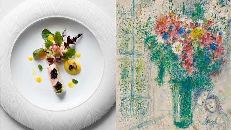 Marc Chagall's 1976 "Les fleurs devant la Fenetre a Paris" inspires this dish by 8 ½ Otto e Mezzo Bombana's three michelin-starred Italian restaurant.<br />The colorful plate uses king crab and caviar, couscous and vegetable salad, citrus and fennel dressing.<br /><a href="index.php?page=&url=http%3A%2F%2Fbeinspired.landmark.hk%2Ffood%2Fdavid_alves" target="_blank" target="_blank">The Artful Palate</a>, the special art and food pairing campaign at multiple restaurants under the Landmark Group will last until March 31.<br /><a href="index.php?page=&url=http%3A%2F%2Fwww.ottoemezzobombana.com%2Fhong-kong%2Fen%2F" target="_blank" target="_blank"><em>8 ½ Otto e Mezzo Bombana</em></a><em>, shop 202, Landmark Alexandra, 18 Chater Road, Central, Hong Kong</em>