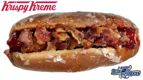 Minor League Baseball's Wilmington, Delaware, Blue Rocks announced that its ballpark will begin offering a frankenfood concoction for the ages: A hot dog served inside a traditional Krispy Kreme glazed doughnut (raspberry jelly topping optional). The team is asking for fans' help <a href="http://www.milb.com/news/article.jsp?ymd=20150311&content_id=112186394&fext=.jsp&vkey=news_t426&sid=t426" target="_blank" target="_blank">naming the new doughnut dog</a>.