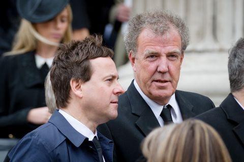 Sun newspaper editor Dominic Mohan and Jeremy Clarkson leave St Paul's Cathedral after former British prime minister Margaret Thatcher's ceremonial funeral in London in 2013. 