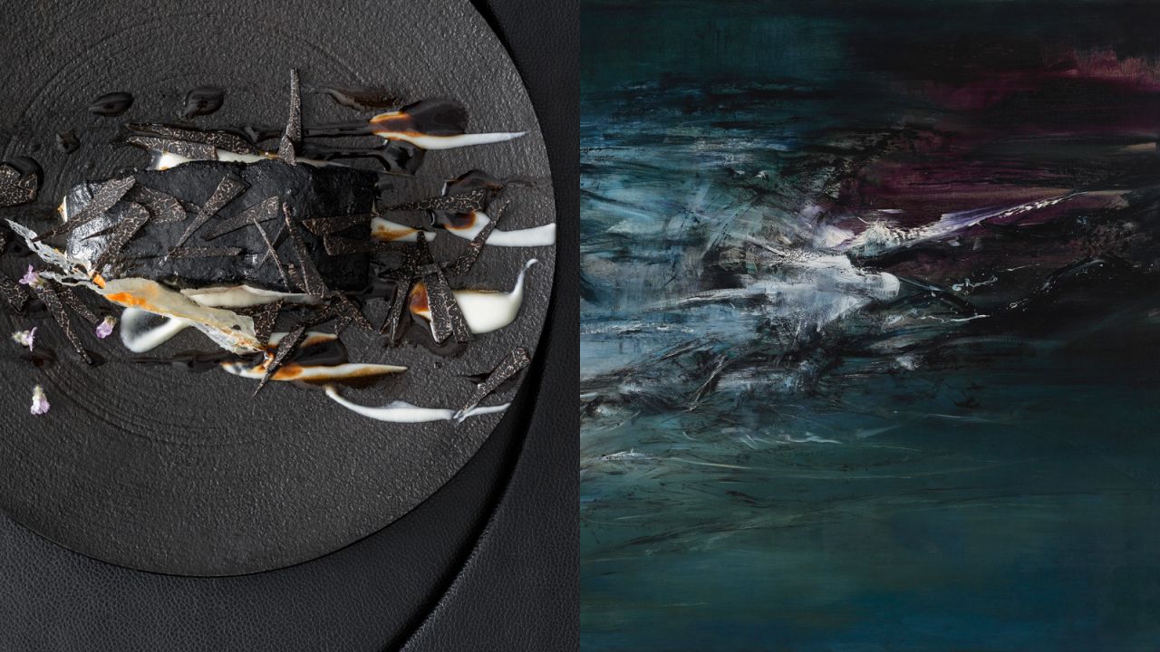 The Michelin-star L'Atelier de Joel Robuchon restaurant is paired with Zao Wou-Ki's 1963 oil on canvas, "07.06.63." <br />Chef David Alves says he hopes to gives a mysterious feeling to the dish.<br />Special menu is available until March 31.<br /><a href="http://www.robuchon.hk/" target="_blank" target="_blank"><em>L'Atelier de Joel Robuchon</em></a><em>, shop 315 & 401, The Landmark, Central, Hong Kong</em>