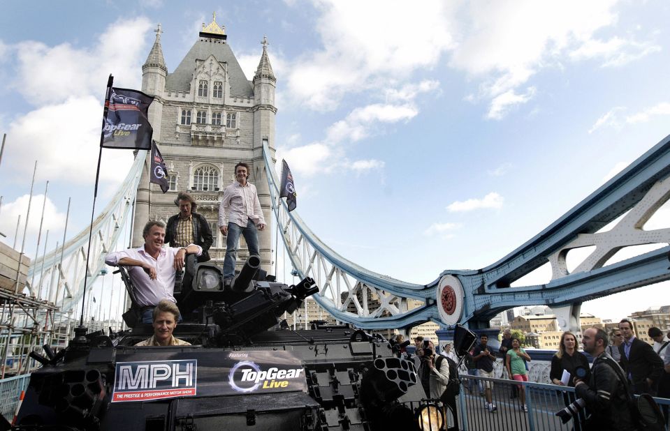 No strangers to wild publicity stunts, the Top Gear team crossed London's Tower Bridge on a tank in 2008 to promote their live show.